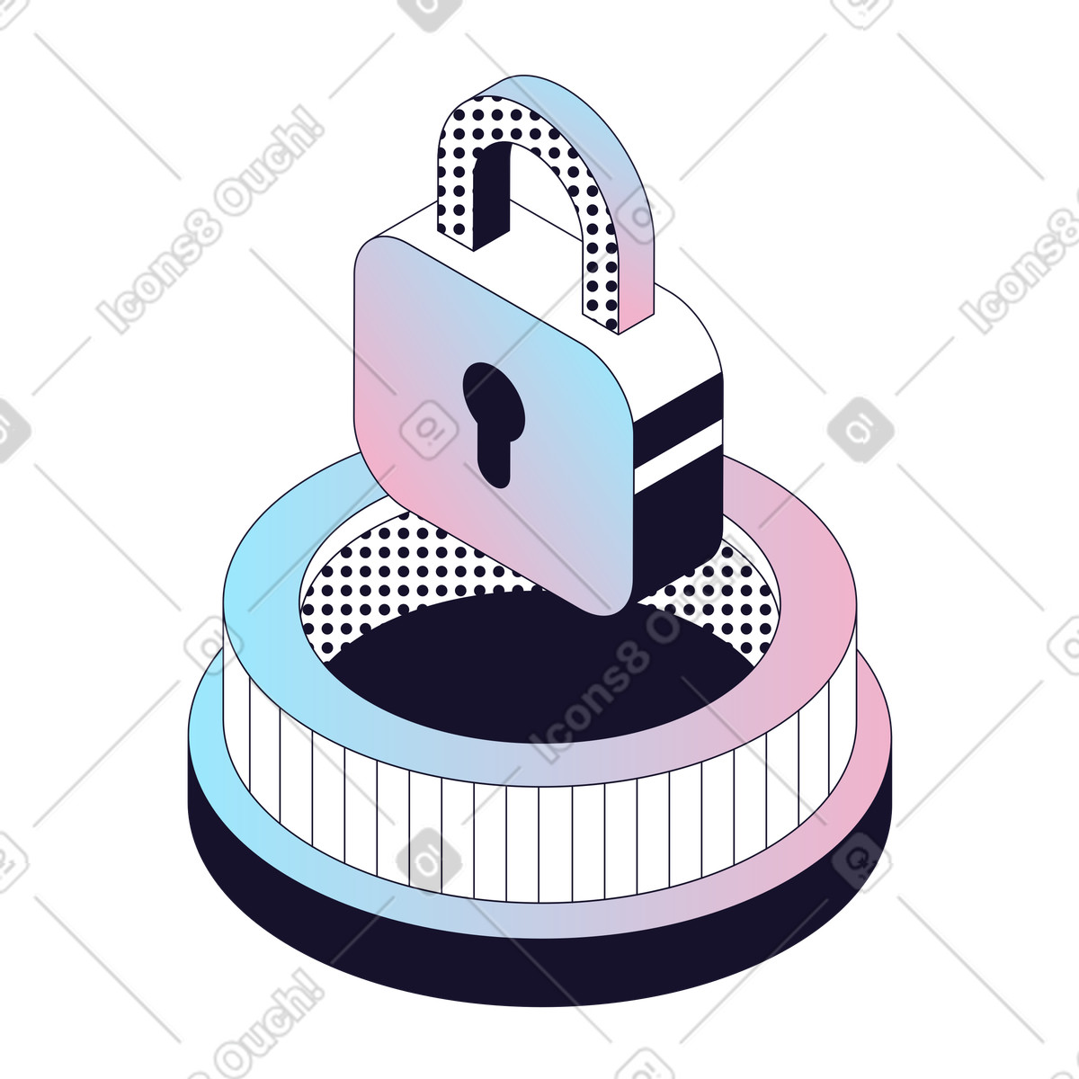 Lucchetto chiuso su piedistallo rotondo, sicurezza informatica e controllo accessi illustrazione in stile Node scarica in PNG, SVG