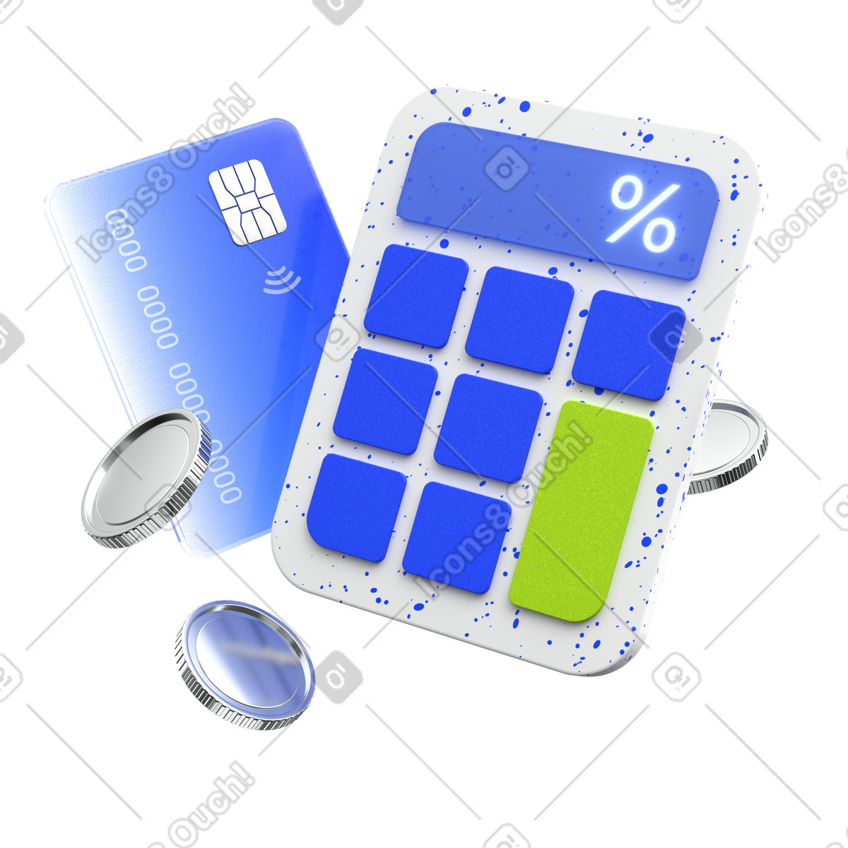 Credit card with calculator, Blue payment keypad with percent sign, Online finance planning illustration in PNG, SVG