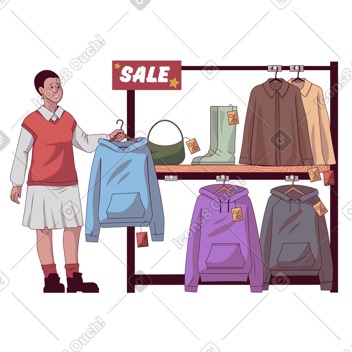 Woman buying clothes on sale illustration in Eastwood style download in PNG, SVG