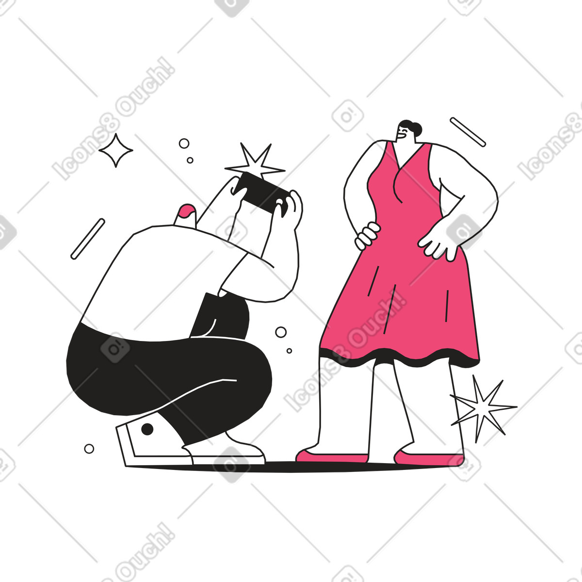 Dazzle Line スタイルの Photo session with model and photographer, Content creation for social media のイラストをPNG、SVG形式でダウンロード