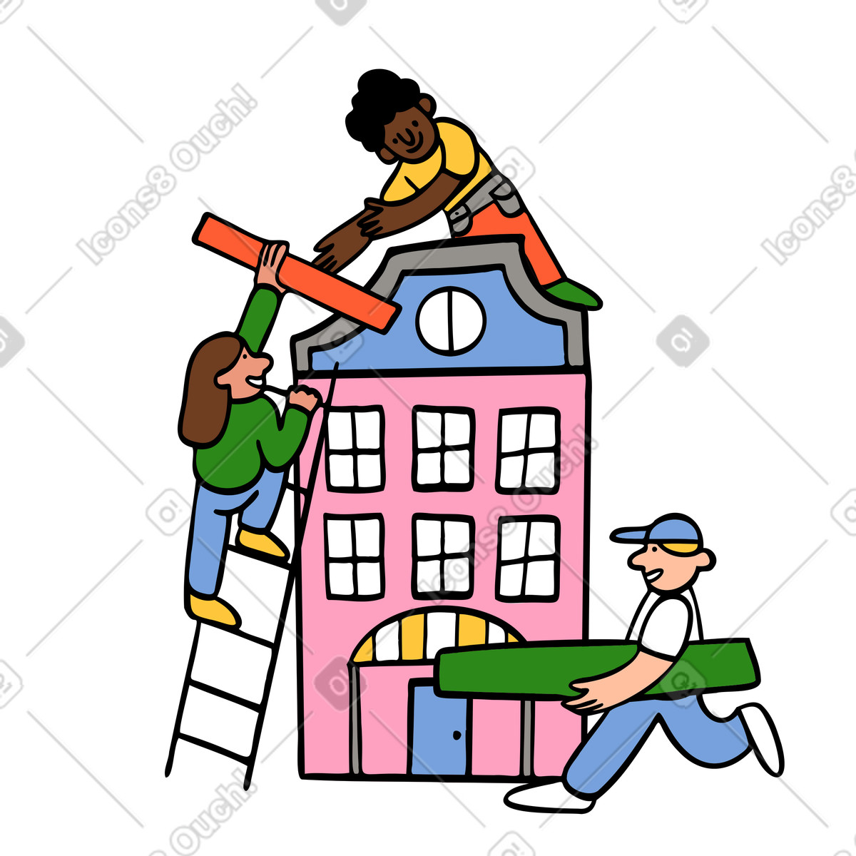 Illustration Travail d'équipe et construction d'une maison dans le style Comic à télécharger aux formats PNG, SVG