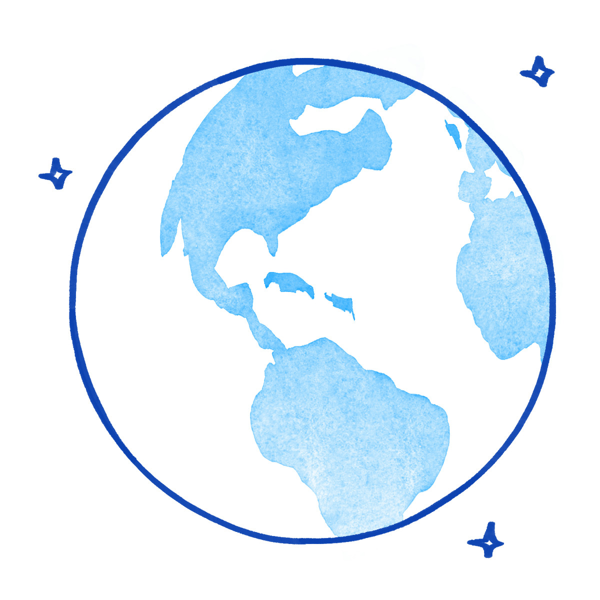 Иллюстрация World planet view emphasizing western hemisphere geography and simple stars в стиле Tint — скачать в форматах PNG, SVG