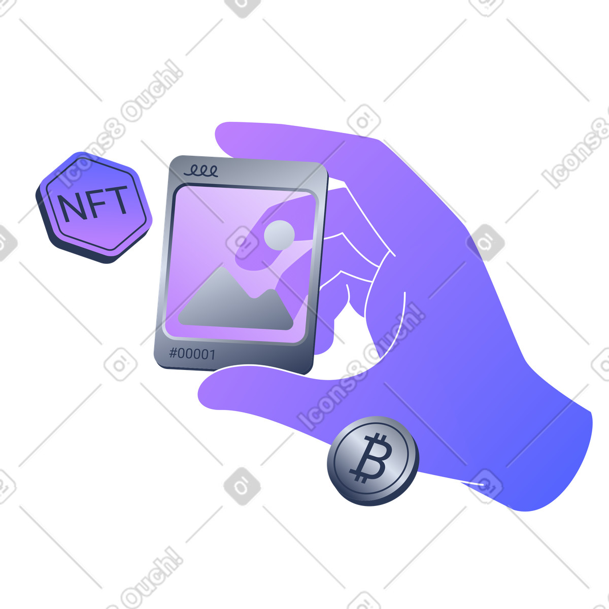 Иллюстрация Рука держит изображение nft с биткойном в PNG и SVG