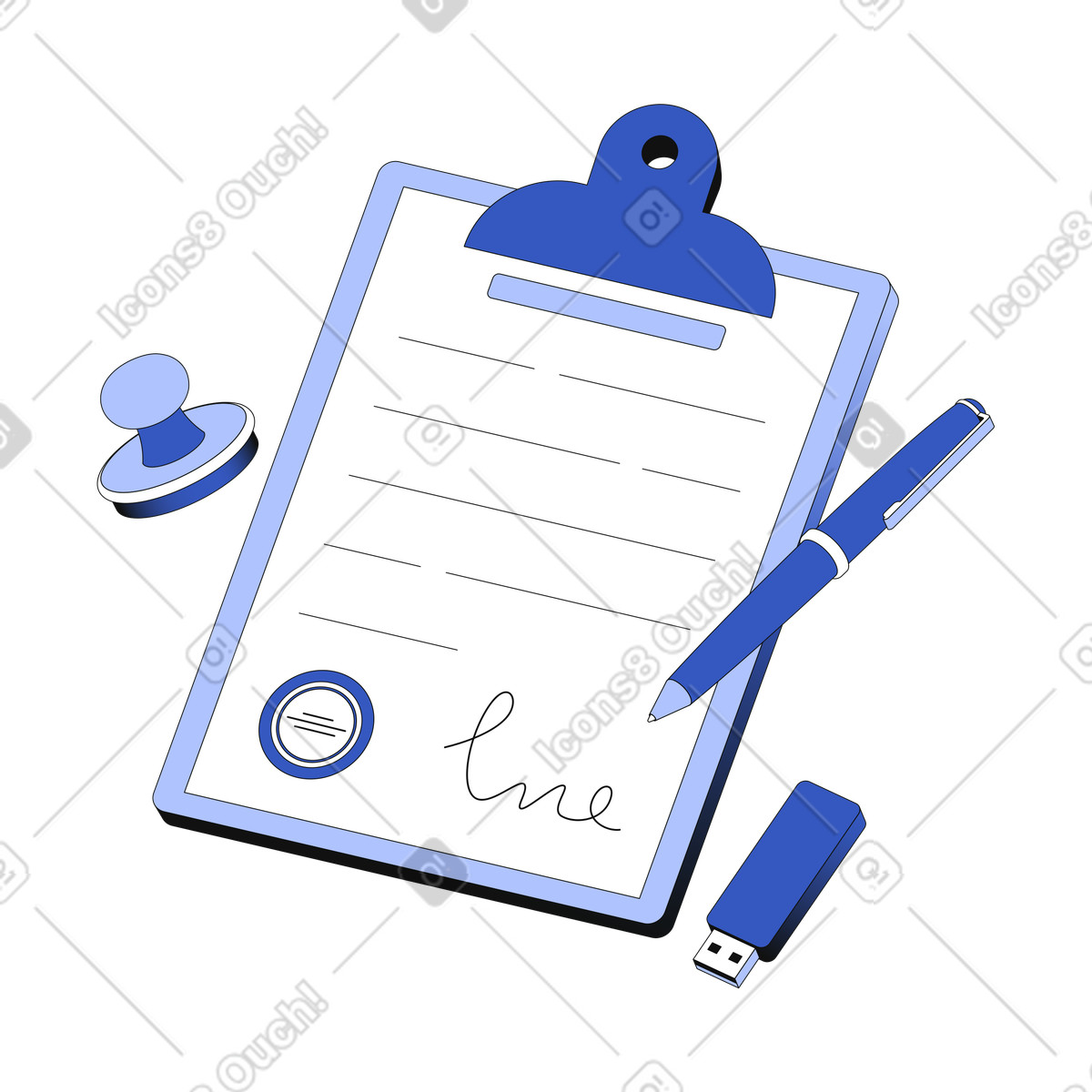 Clipboard, signed contract and digital signature illustration in Techny style download in PNG, SVG