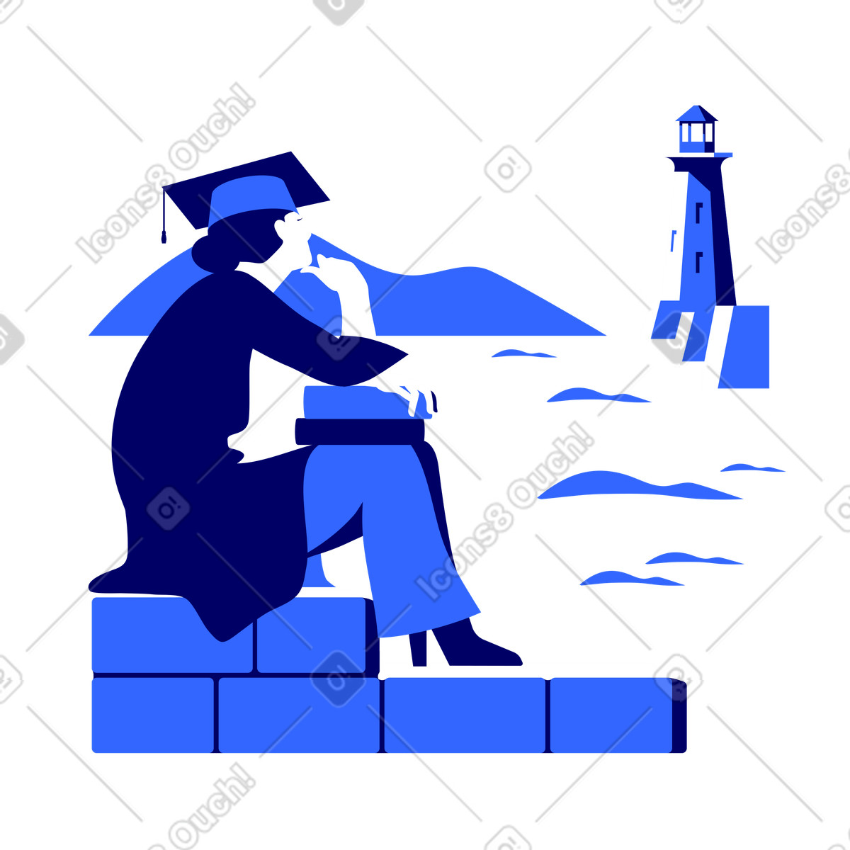 College graduate girl illustration in cap and mantle clipart by the seashore with a lighthouse