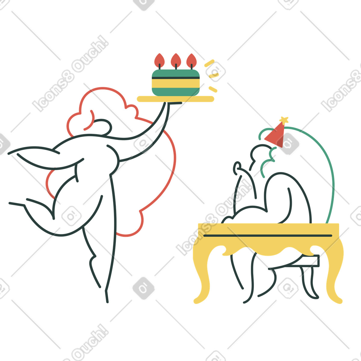 Ilustración Mujer trayendo un pastel de cumpleaños para su amiga. en estilo Macaroni a descargar en PNG y SVG