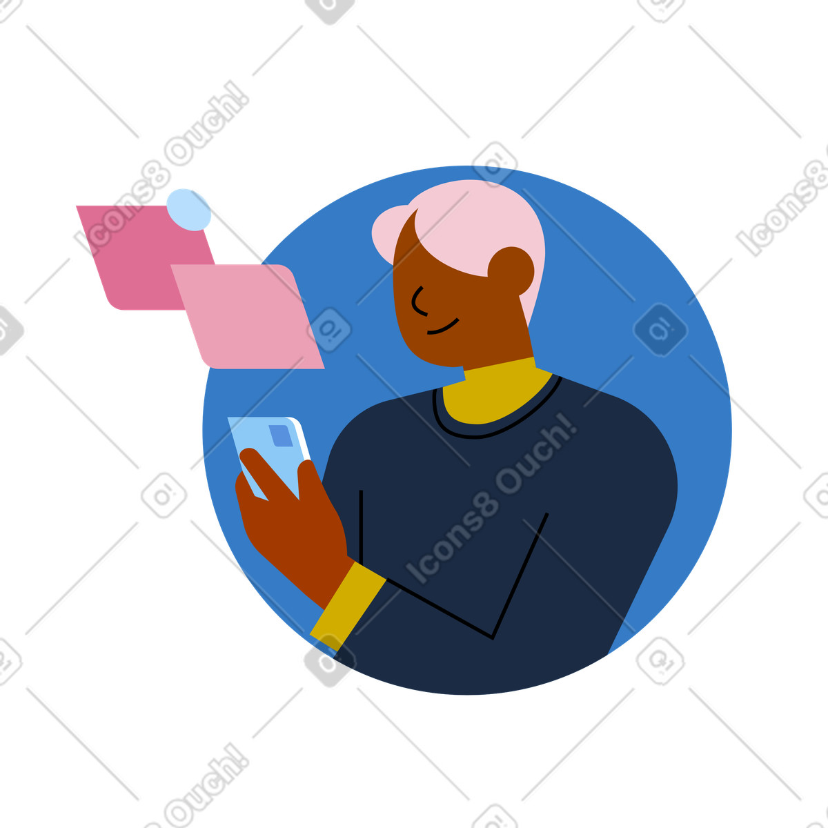 Man checking mobile phone notifications illustration in Vector style download in PNG, SVG