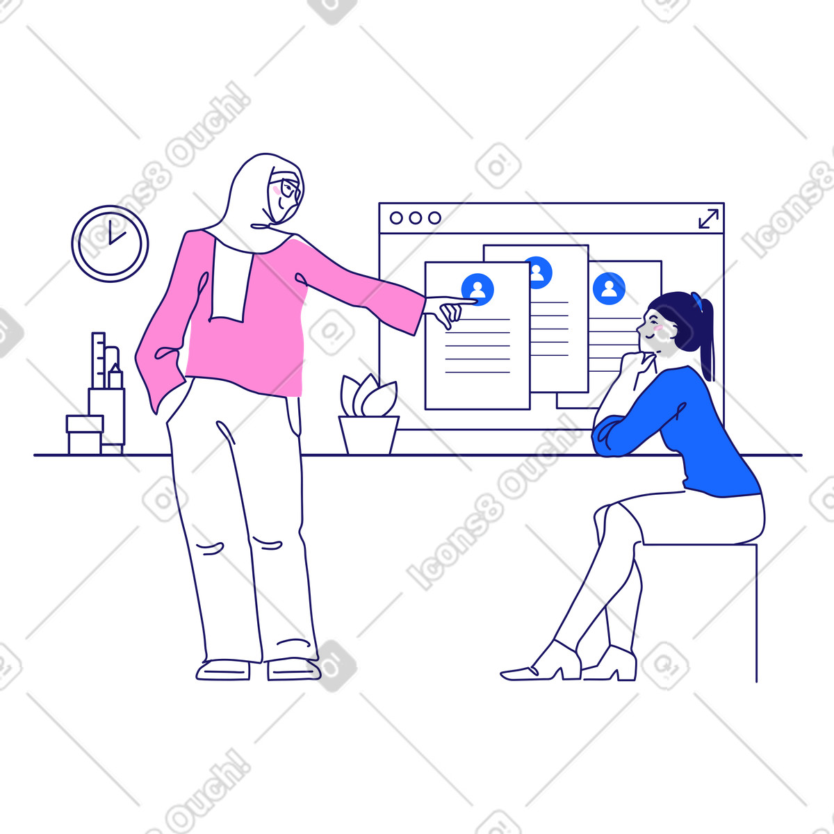 Zwei personalvermittlerinnen besprechen jobkandidaten-Illustration im Matey-Stil als Download in PNG, SVG