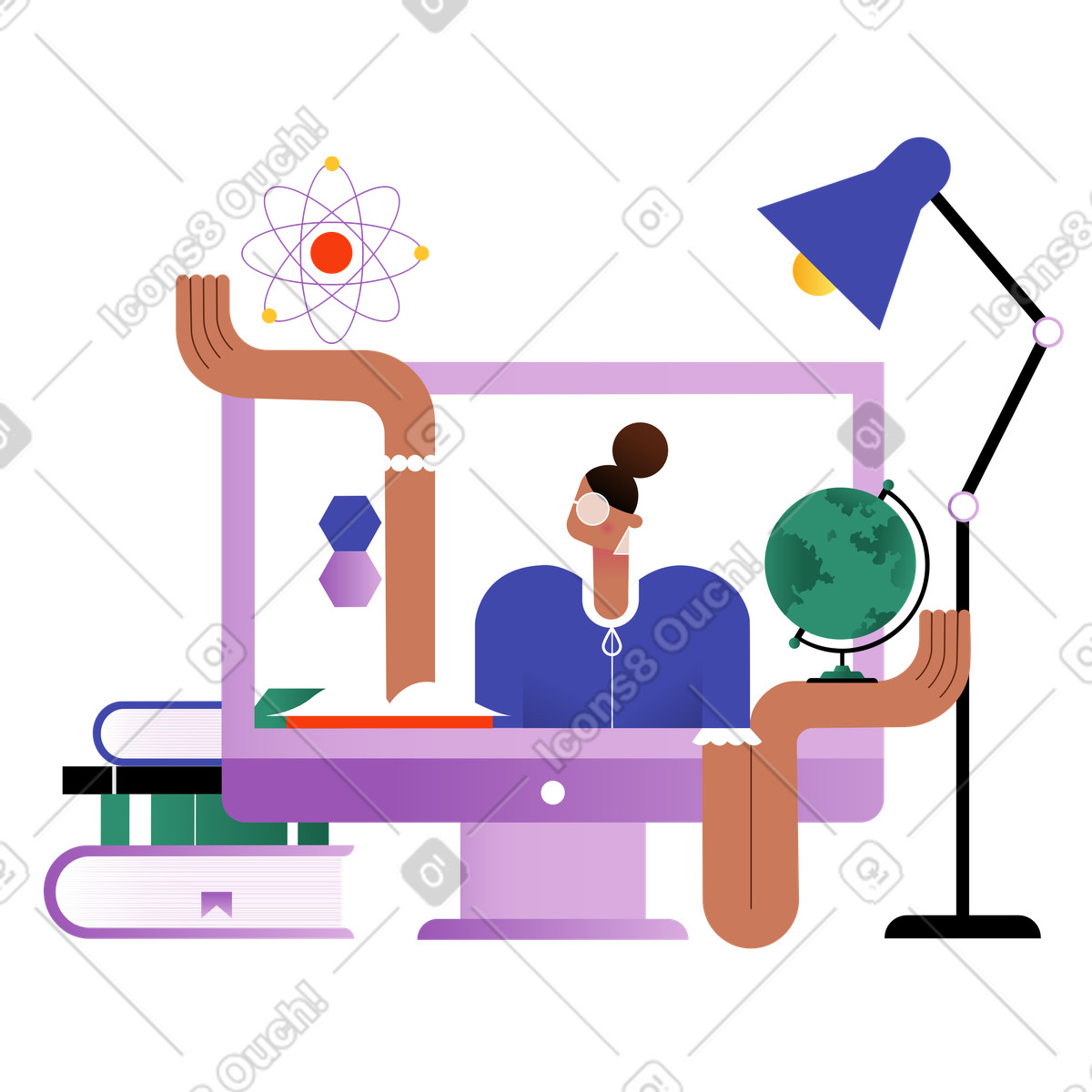 Teacher on computer monitor with science objects, Online education and e-learning illustration in Wavy style download in PNG, SVG
