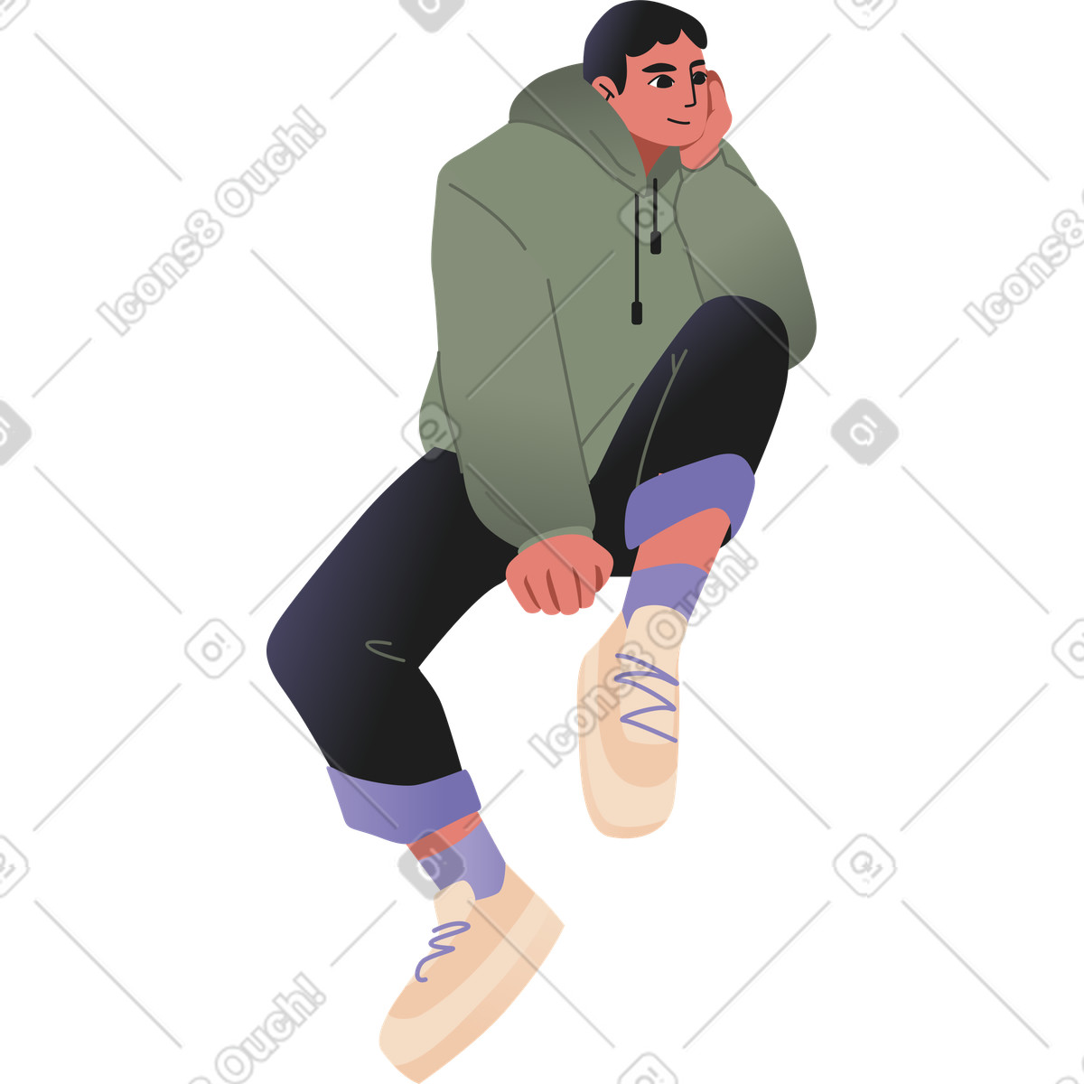 Seated young man illustration in Coworking style download in PNG, SVG