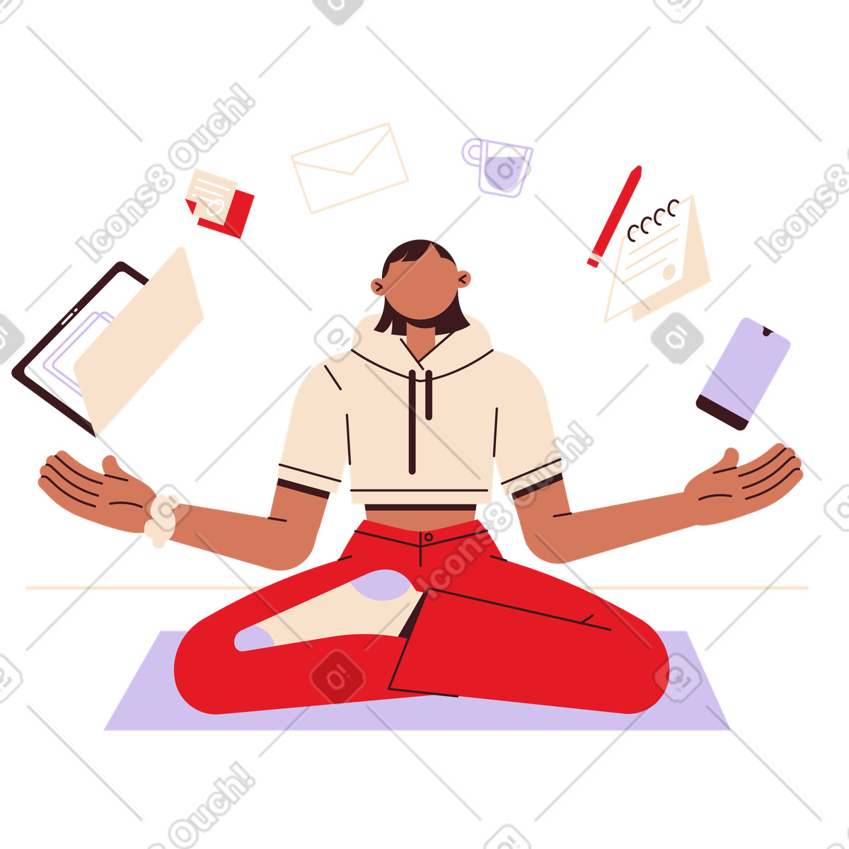 下载 Folks 风格的 Employee surrounded by office supplies in yoga pose, Work-life balance and multitasking 插画，支持 PNG、SVG 格式