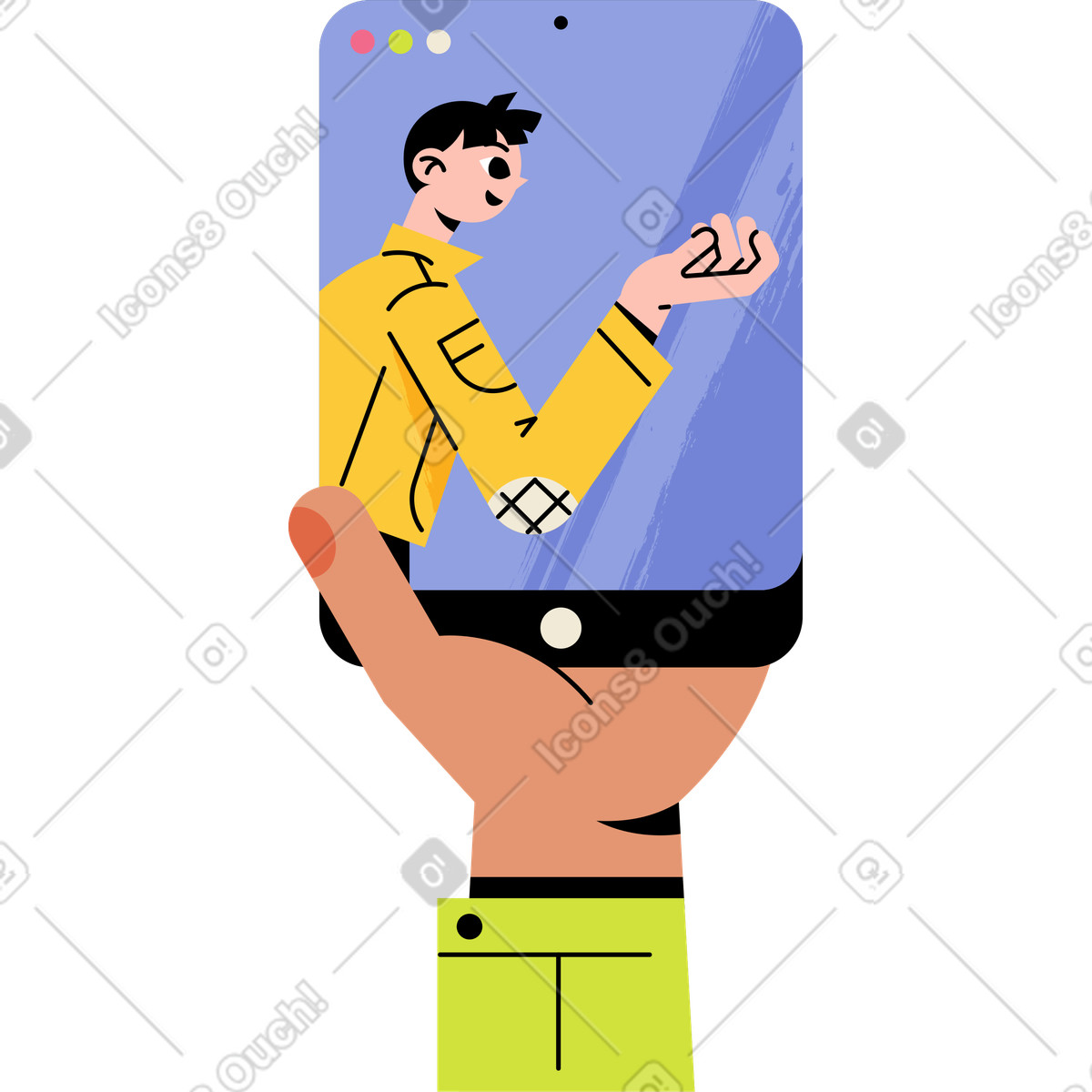 Illustration animée Main tenant un téléphone portable avec une photo d'un homme dans le style Juicy à télécharger aux formats GIF, Lottie (JSON), AE