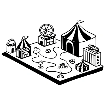 A board game laid out on a table, featuring a colorful carnival theme. There are game pieces shaped like carnival rides, including a Ferris wheel and a carousel. Several game booths are illustrated around the board, displaying various games such as ring toss and balloon darts. Small tokens shaped like popcorn and cotton candy are scattered across the board. In the corner, a large "Carnival" sign is prominently displayed, adding to the festive atmosphere.