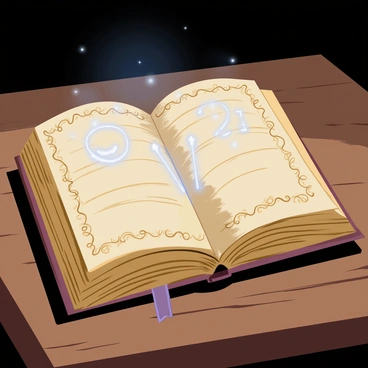 An ancient book with a weathered, leather cover lies open on a wooden table. The pages are yellowed and filled with intricate illustrations and symbols. Glowing blue runes shimmer across the open pages, radiating a soft light. The book emits an otherworldly aura, creating a faint mist that surrounds it. In the background, shadows dance, enhancing the mysterious atmosphere of the scene.
