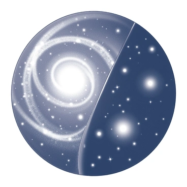 An illustration of the universe divided into two distinct halves. One half is filled with numerous galaxies, showcasing their swirling forms and bright clusters, with stars scattered throughout. The other half is stark and dark, completely void of stars and galaxies, creating a stark contrast against the illuminated side. The boundary between the two halves is sharply defined, emphasizing the difference in light and texture.