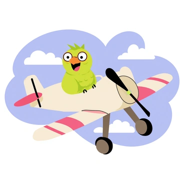 A cartoon parrot with vibrant green feathers is wearing aviator goggles perched on its head. The parrot is seated in the cockpit of an old-fashioned biplane with a red and white striped wingspan. The airplane features a large propeller at the front, spinning as it glides through a bright blue sky. Fluffy white clouds are scattered in the background, adding depth to the scene. The parrot has a joyful expression, with its beak open as if it's squawking in excitement while flying.