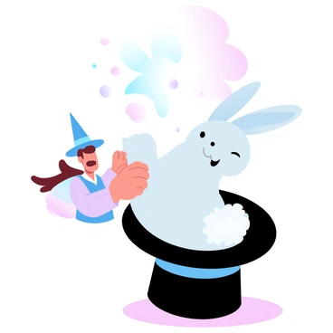 A tiny magician wearing a colorful outfit and a tall, pointed hat is standing on a stage. He is energetically pulling a giant rabbit out of an oversized black top hat. The rabbit has fluffy white fur and large ears, appearing surprised as it is being lifted. The magician's hands are gripping the rabbit as he showcases it to an invisible audience. A cascade of colorful sparkles is emanating from the hat, enhancing the magical atmosphere of the scene.
