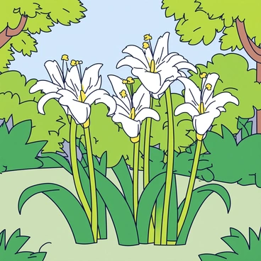 A cluster of white lilies with elongated petals and vibrant green stems is growing in a forest clearing. The flowers stand tall among lush green foliage. Sunlight filters through the tree canopy above, creating dappled light patterns on the ground around the lilies. The surrounding area is filled with various shades of green from the leaves and grass.