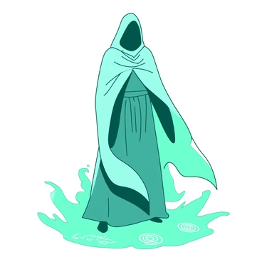A teal spectral guardian stands tall, shrouded in flowing white ethereal robes that billow gently as if caught in a soft breeze. The guardian's face is obscured, adding an air of mystery, while its hands rest protectively in front. Surrounding the guardian are faint, glowing symbols etched into the ground, illuminating the space with an otherworldly glow. The atmosphere feels charged with energy, hinting at the profound secrets that lie hidden within its watchful presence.