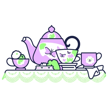A Victorian tea set is displayed on a lace-covered table. The tea set includes a teapot, cup, saucer, and creamer, all featuring intricate designs. Each piece is adorned with delicate green-and-purple illustrations of moths in various poses. The teapot has an elegantly curved spout and a handle, while the teacup has a matching saucer underneath. Surrounding the tea set are small pastries arranged on a vintage plate, and a linen napkin is folded neatly beside the cup. Soft light illuminates the scene, highlighting the fine details of the moth illustrations on the china.