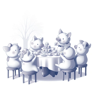 A group of pigs gathered around a small table set for a tea party. Each pig is wearing a different whimsical accessory, such as a bow tie or a hat. The table is adorned with an elegant tablecloth, and atop it are several fancy teacups and delicate saucers. Surrounding the cups are tiny cakes arranged on a tiered cake stand. The pigs are sitting on small chairs, some with their hooves raised to hold the cups, while others are reaching for the cakes. A gentle breeze rustles the leaves of nearby trees, adding a sense of liveliness to the scene.