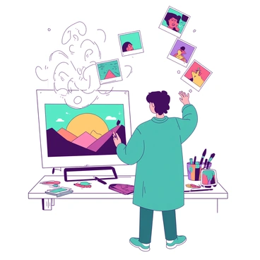 An artist, wearing a teal smock, is standing in front of a white augmented reality canvas. The artist holds a stylus in one hand, while the other hand gestures as if guiding an invisible brush. Colorful storyboard images are appearing on the canvas, depicting a vibrant scene of a sunset over a mountain range. Surrounding the artist are various art supplies scattered on a white table, including brushes, paint tubes, and a sketchbook. In the background, digital projections of the storyboard images are floating above the canvas, showcasing characters in dynamic poses.