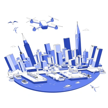 A drone is flying high above a city by the sea. Below, the cityscape features numerous buildings with varying heights and architectural styles. The sea shimmers beneath the sunlight, providing a vivid contrast to the city. A bustling harbor is visible, filled with boats of different sizes, some tied to docks while others are navigating the water. The harbor area also includes cranes and cargo containers, illustrating the busy activity. Seagulls can be seen soaring through the air, adding to the lively atmosphere of the scene.