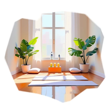 A yoga space featuring a wooden floor and soft, natural light streaming through large windows. In the corners of the room, lush monstera plants with large, glossy leaves are placed, enhancing the tranquil ambiance. A light-colored yoga mat is laid out in the center of the room, surrounded by a few decorative cushions. The walls are painted in a soft, neutral tone, and there is a small shelf with candles and a water bottle on it, adding to the peaceful setting.