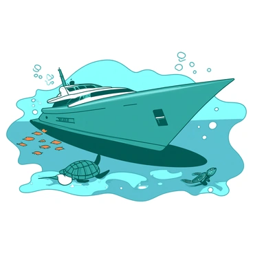 An underwater perspective reveals the sleek hull of a motor yacht gliding through the water. The hull is a striking shade of teal, streamlined and polished, with sunlight reflecting off its smooth surface. Surrounding the yacht, various marine life swims gracefully; a school of small fish in shimmering shades of orange dart past. A curious sea turtle glides nearby, its shell displaying intricate patterns. Soft bubbles rise from the yacht's wake, creating a dynamic scene filled with movement and life beneath the waves.