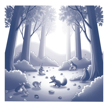 A dense forest filled with towering trees and thick underbrush. Sunlight filters through the leaves, casting intricate shadows on the forest floor. Various playful creatures such as squirrels, rabbits, and birds are present, interacting with the environment. Some animals are peeking from behind trees, while others are playfully chasing each other among the foliage. The ground is covered with a mix of leaves and flowers, creating a lively atmosphere in the scene.