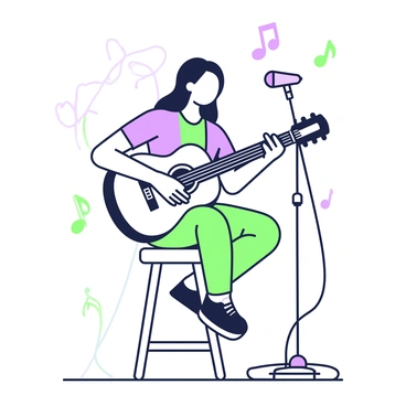 A musician is intensely focused while playing an acoustic guitar. They are seated on a wooden stool, with the guitar resting against their body. The musician has long hair cascading over their shoulders and is wearing a fitted shirt and jeans. Their fingers are positioned on the fretboard, and the left hand is pressing down on the strings while the right hand strums. The background includes a faint outline of a stage and a few scattered musical notes floating around, conveying a sense of rhythm and movement. A microphone stands nearby, capturing the energy of the performance.