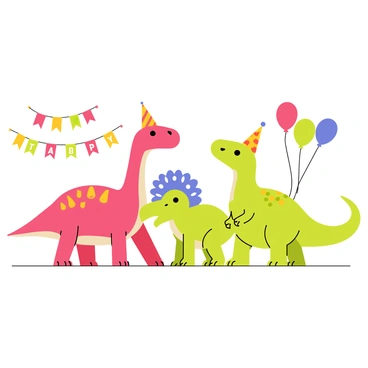 A group of dinosaurs, including a T-rex, a triceratops, and a brontosaurus, are wearing vibrant party hats. The T-rex has a bright red hat, the triceratops sports a blue polka-dotted hat, and the brontosaurus is adorned with a yellow star-patterned hat. Colorful balloons in various shapes and sizes are floating in the air around them, with shades of red, blue, green, and yellow. Festive banners hang in the background, displaying “Happy Birthday” in bold, cheerful letters. The scene is lively, capturing the excitement of a dinosaur party.