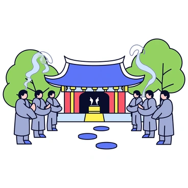 A serene scene featuring several monks dressed in traditional gray robes, standing in a line at a Korean Buddhist temple. The monks are engaged in a ritual, with their hands raised in prayer. The temple is adorned with colorful embellishments and has a curved roof structure, surrounded by lush green trees. A small altar in front of the monks holds incense sticks, which emit swirling smoke into the air. The ground is covered with smooth stones that create a path leading to the temple entrance.