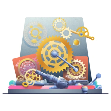 A collection of intricately designed cogwheels and axles is arranged in a steampunk style display. The cogwheels vary in size, featuring ornate engravings and brass finishes that reflect light. Some cogwheels are interconnected with metal rods, showcasing their mechanical movement. The setup includes a large central cogwheel with a distinctive, intricate pattern. Surrounding the display are smaller gears, some partially embedded in polished wooden boards. The background features a textured surface that resembles aged metal, adding to the industrial aesthetic.