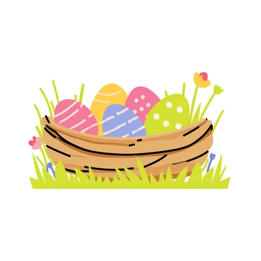 A bird's nest made of twigs and grass, with a round, slightly uneven shape. The nest is filled with colorful Easter eggs in various pastel shades, such as pink, blue, yellow, and green. Each egg is decorated with patterns like stripes, polka dots, and floral designs. The nest is nestled in a bed of soft grass, surrounded by small wildflowers in bloom. Some small leaves are scattered around the nest, adding to the natural setting.