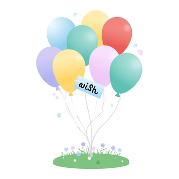 A vibrant array of balloons is floating into a clear blue sky. Each balloon is a different color, with shades of red, yellow, blue, green, and purple. Attached to each balloon are small tags that display the words "wish" written in playful font. Below the balloons, a grassy field can be seen, dotted with wildflowers. A gentle breeze is causing the balloons to sway slightly as they rise higher into the air, creating a cheerful and lively scene.