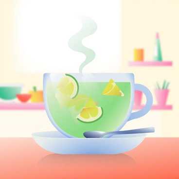 A steaming cup of herbal tea sits on a wooden table, emanating wisps of steam rising into the air. The tea is a vibrant green color, infused with lime, and there are several thin slices of lime floating on the surface, adding a pop of yellow. The cup is white with a simple design, and a small matching saucer is placed underneath it. A silver teaspoon rests on the saucer, reflecting the light. In the background, there are soft, blurred hints of a cozy kitchen setting, with warm light filtering through the space.
