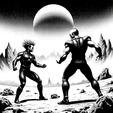 A vast alien landscape unfolds with jagged rocky formations and an expansive sky above. Two powerful figures stand at the center of the scene, both in dynamic battle stances. One figure has spiky hair and is wearing a form-fitting battle suit, while the other is muscular with a distinct facial feature. Energy beams are visibly colliding in the air between them. Surrounding the combatants are craters and scorched earth, evidence of their fierce confrontation. In the background, distant mountains rise under a large and ominous planet in the sky, casting a dramatic atmosphere over the epic battle.