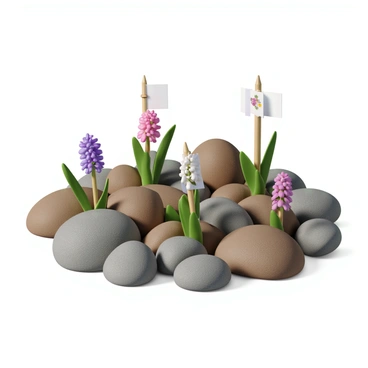 A rock garden composed of various sizes of smooth, rounded stones arranged meticulously to create a natural landscape. Among the stones, delicate alpine flowers in hues of purple, pink, and white bloom gracefully. Each flower is supported by small wooden stakes, ensuring they stand tall and vibrant. The stakes are thin and evenly spaced, carefully placed to provide support without detracting from the flowers' beauty. The rocks vary in color, ranging from gray to brown, and the arrangement creates a visually appealing contrast with the colorful flowers.