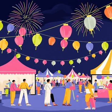 A night scene showcasing a vibrant festival filled with "colorful lanterns" hanging from strings above. The lanterns are in various shapes and sizes, radiating light in hues of red, blue, yellow, and green. In the background, "fireworks" explode in the night sky, creating bursts of bright colors and patterns. People in the foreground are enjoying the festivities, some holding "glowing sticks" and others wearing festive attire. The atmosphere is lively, with decorations and stalls adding to the festive environment.