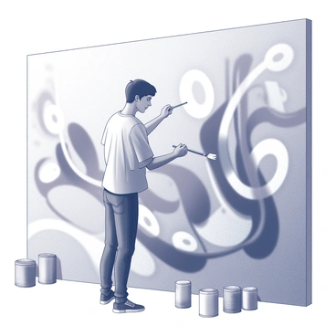 An artist stands in front of a large wall, actively painting a mural. The artist has a focused expression as they hold a paintbrush above the wall, mid-stroke. The mural showcases dynamic shapes and patterns, reflecting the rhythm of music. The brush strokes appear energetic and bold, with a sense of movement as if they are alive. The surrounding area is filled with paint cans and brushes, indicating a busy, creative workspace. A faint hint of a crowd can be seen in the background, observing the artist’s progress.