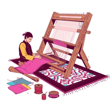 An artisan is seated in front of a large wooden loom, skillfully weaving a traditional Moroccan rug. The loom is intricately designed with ornate carvings. The artisan is focused on threading colorful yarns, showcasing a vibrant palette of patterns. Surrounding the loom, there are spools of various colored threads organized neatly. The artisan is wearing a traditional outfit, reflecting the culture and craftsmanship of Morocco. Soft sunlight filters in, illuminating the scene and highlighting the textures of the loom and the rug being created.