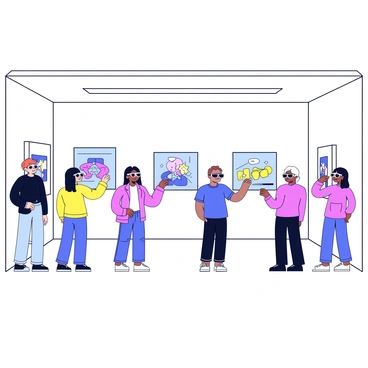 A gallery interior with clean lines and bright lighting. There are several visitors wearing sleek AR glasses, engaging with the displayed artworks. The walls are adorned with colorful, abstract art pieces that seem to shift and change as visitors approach. Each artwork has a digital overlay visible through the AR glasses, enhancing the visuals. Visitors are standing in small groups, pointing and discussing the art, while others are interacting with floating digital elements above the artworks. The floor is polished and reflective, adding to the modern aesthetic of the space.
