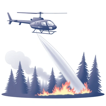 A helicopter in action, suspended mid-air, is seen releasing a large stream of water. The helicopter has visible rotor blades, and its body is detailed with emergency response markings. Below, a forest is ablaze, with flames rising and thick smoke billowing into the sky. The trees are tall and densely packed, showcasing a mix of coniferous and deciduous varieties, some of which are engulfed in flames. The scene conveys urgency, with the helicopter's water stream aimed directly at the fire, creating a contrast between the vibrant flames and the dramatic effort to extinguish them.