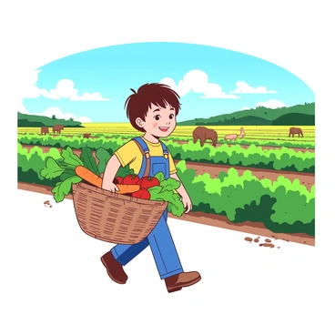 A young child with short brown hair is walking through a vast farmland, carrying a large woven basket filled with fresh vegetables. The basket is overflowing with vibrant green lettuce, bright orange carrots, and ripe red tomatoes. The farmland extends in all directions, with rows of crops stretching out toward the horizon beneath a clear blue sky. The child is wearing a yellow shirt and denim overalls, smiling as they admire the bounty they are carrying. In the background, a few farm animals can be seen grazing peacefully.