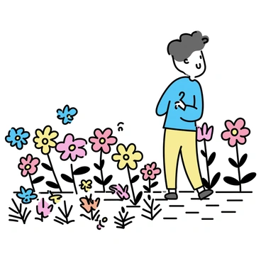 A vibrant garden filled with a variety of colorful flowers. The flowers display vivid reds, yellows, and blues. As a person approaches, the flowers begin to wilt and droop, their colors fading subtly. The person, dressed in a light blue shirt and beige pants, stands on a cobblestone path amidst the garden. The wilted flowers are concentrated around their feet, creating a stark contrast with the surrounding blooms. The atmosphere reflects the tension between beauty and insecurity.
