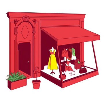 A red Parisian boutique stands elegantly, boasting large glass windows filled with various stylish dresses and accessories. The boutique's display features a vibrant yellow dress elegantly draped on a mannequin, surrounded by colorful scarves and chic handbags. The exterior of the boutique is adorned with intricate architectural details, adding to its fashionable charm. Potted plants line the entrance, completing the inviting atmosphere of this upscale shopping destination.