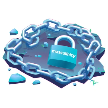 A set of metallic chains sprawled across a rough surface, with an open padlock prominently labeled with the word "masculinity." The chains have a rugged texture with a dark, metallic sheen, showing signs of wear and tear. The lock is shiny and detailed, highlighting the engraving of the word "masculinity." Surrounding the chains, there are scattered pebbles and bits of grass, suggesting an outdoor setting. The lighting casts subtle shadows, emphasizing the intricate details of the chains and the lock.