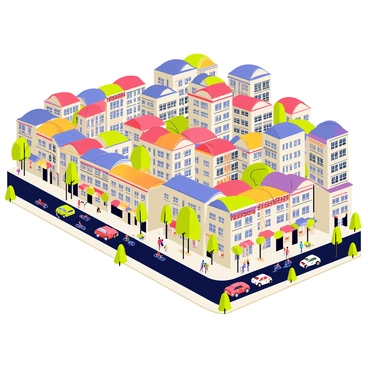 An aerial view of a bustling city showcasing a vibrant array of colorful rooftops, including shades of red, blue, green, and yellow. The streets below are filled with small cars, bicycles, and pedestrians, all contributing to the lively atmosphere. Sidewalks are lined with street vendors and outdoor cafés, adding to the city's dynamic energy. The skyline is dotted with tall buildings, some with modern glass facades, while others feature classic architectural designs. The scene captures a sense of movement and activity throughout the urban landscape.