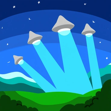 A fleet of silver alien spaceships with sleek, aerodynamic shapes is descending through the atmosphere towards Earth. Each spaceship emits bright, glowing beams of light that illuminate the ground below, creating sharp contrasts with the surroundings. The beams of light have a bluish hue and radiate downwards, casting elongated shadows on the terrain. The sky is a twilight shade of deep blue, dotted with scattered stars. In the foreground, a lush green landscape appears bathed in the light from the beams, highlighting the rich textures of the grass and trees. The scene is filled with anticipation and wonder as the spaceships hover just above the ground.